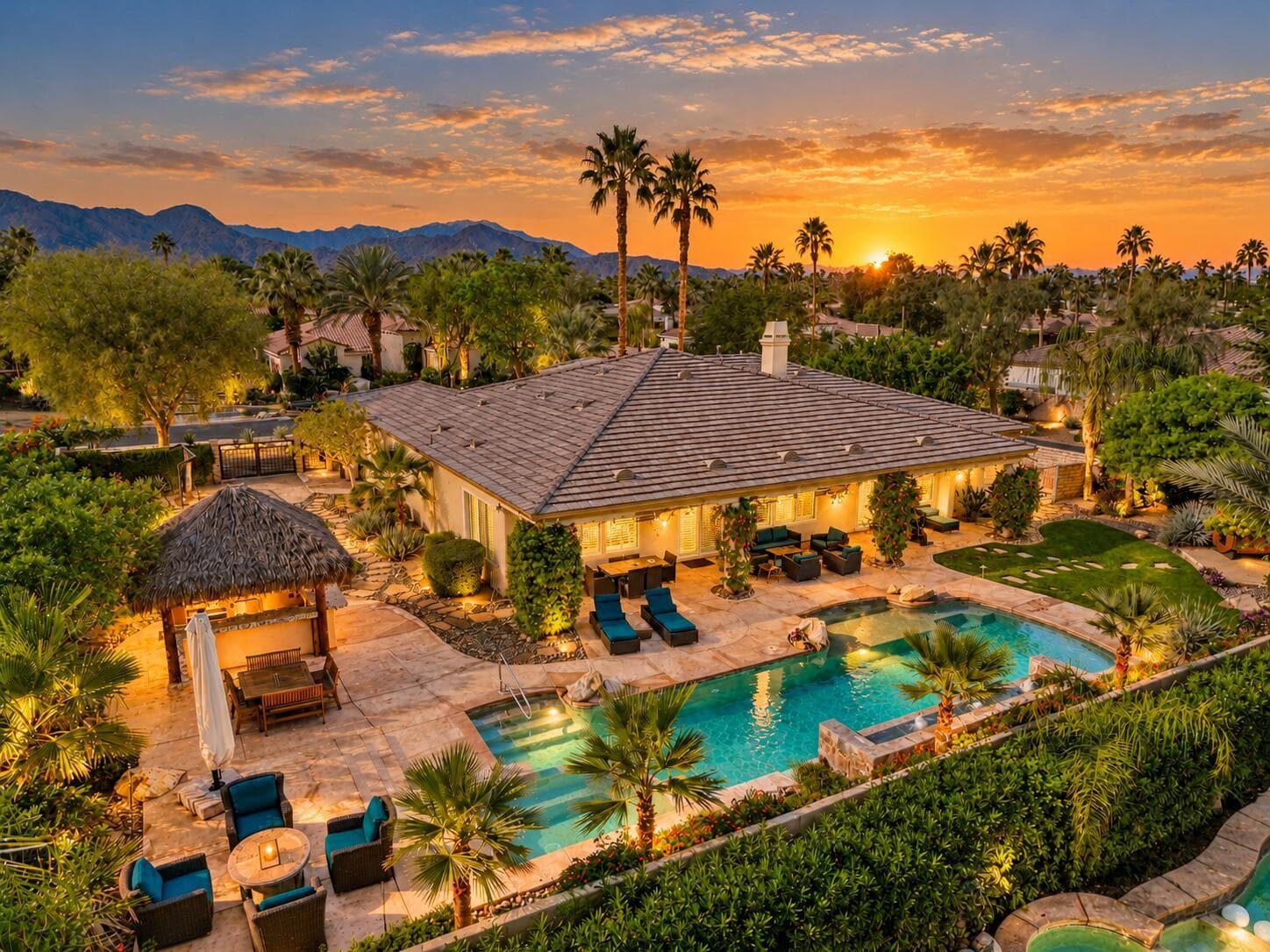 Backyard resort at dusk