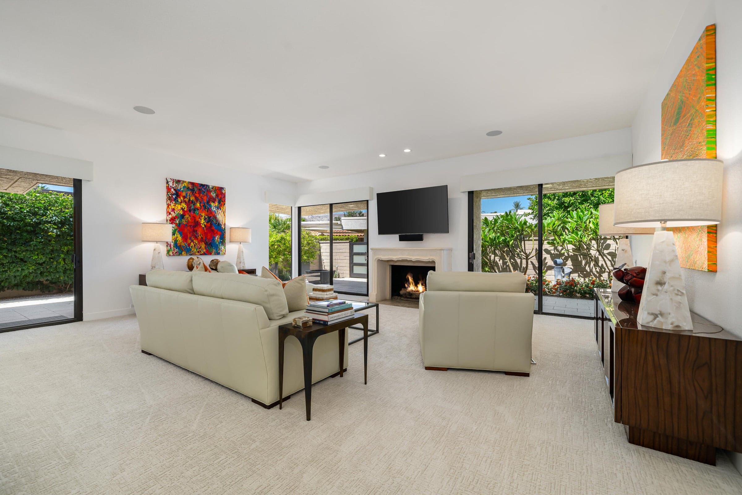 Large light and bright great room with fireplace