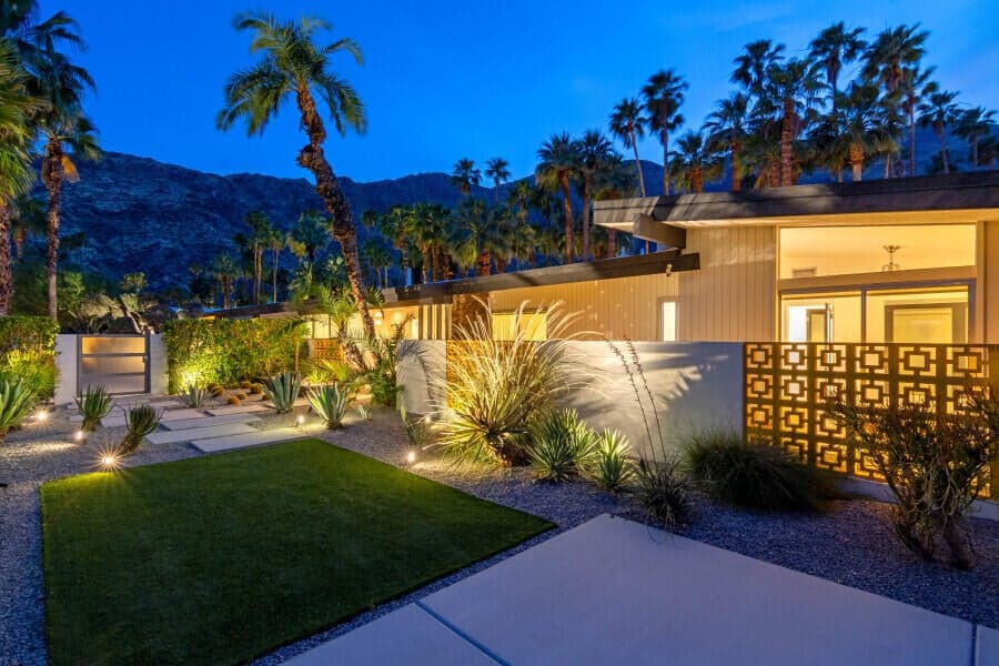 Twilight of the front courtyard with western mountain views.