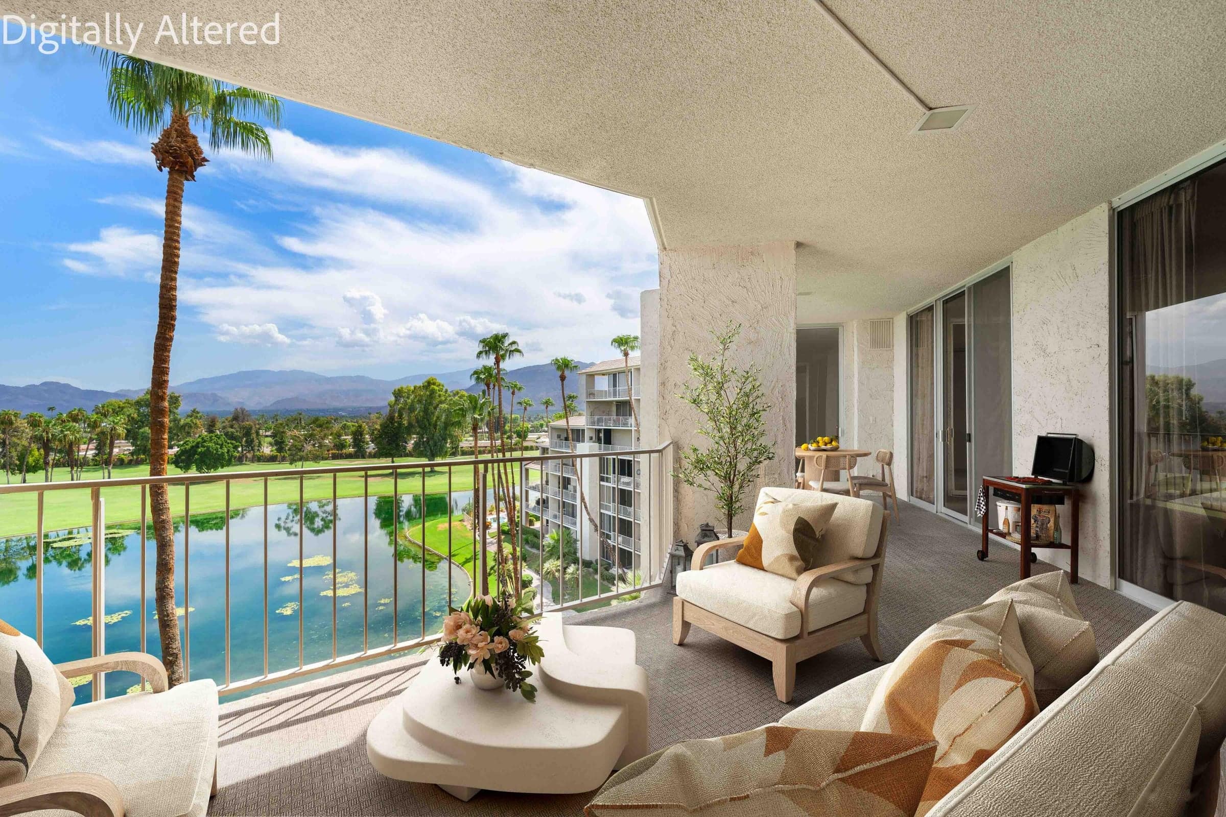 Balcony, Virtually Staged — imagine enjoying the mountain, lake, and Desert Island Golf Club views from your balcony.
